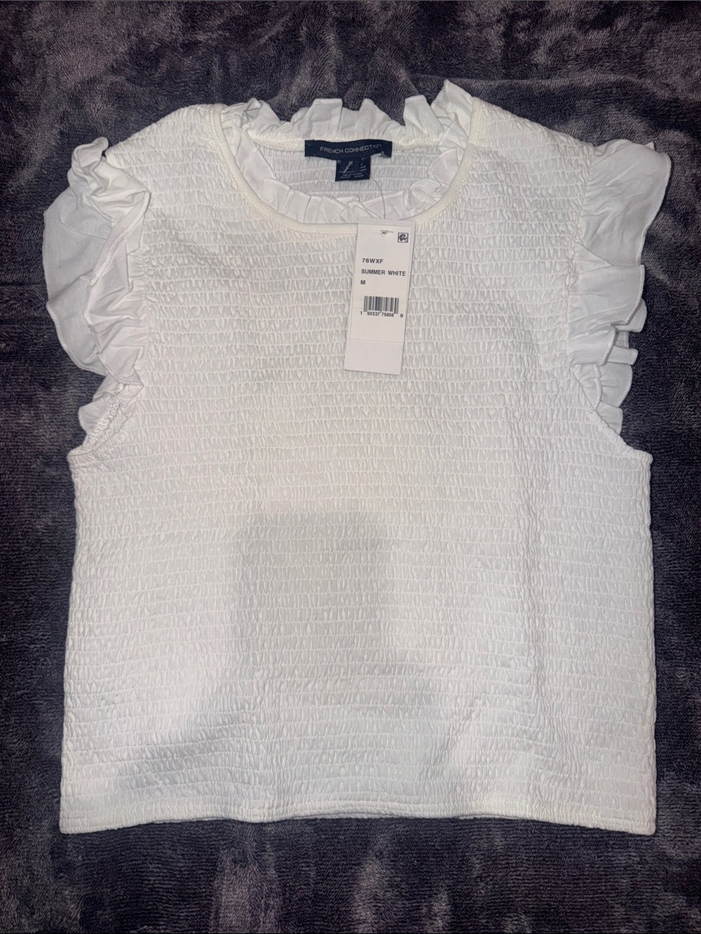 French Connection White Smocked Ruffle Sleeve Shirt